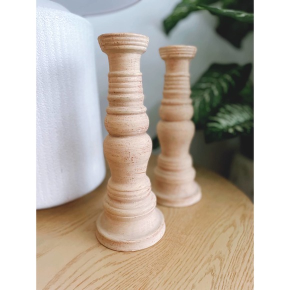 No Brand Other - Ceramic Distressed Farmhouse Pillar Candle Holders Tan Set of 2